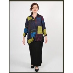 Liv By Habitat Sz L Event Shirt Crinkle Abstract Artsy Blue Geometric Pattern